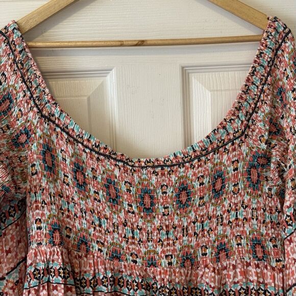 Torrid 3X Mosaic Print Smocked Bell Sleeve Mini Dress Off Shoulder Boho Rayon - Picture 6 of 8